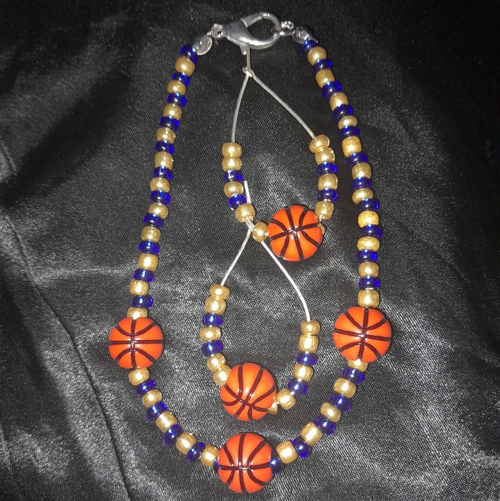 Handmade Blue and gold Czech glass bead Basketball Earrings